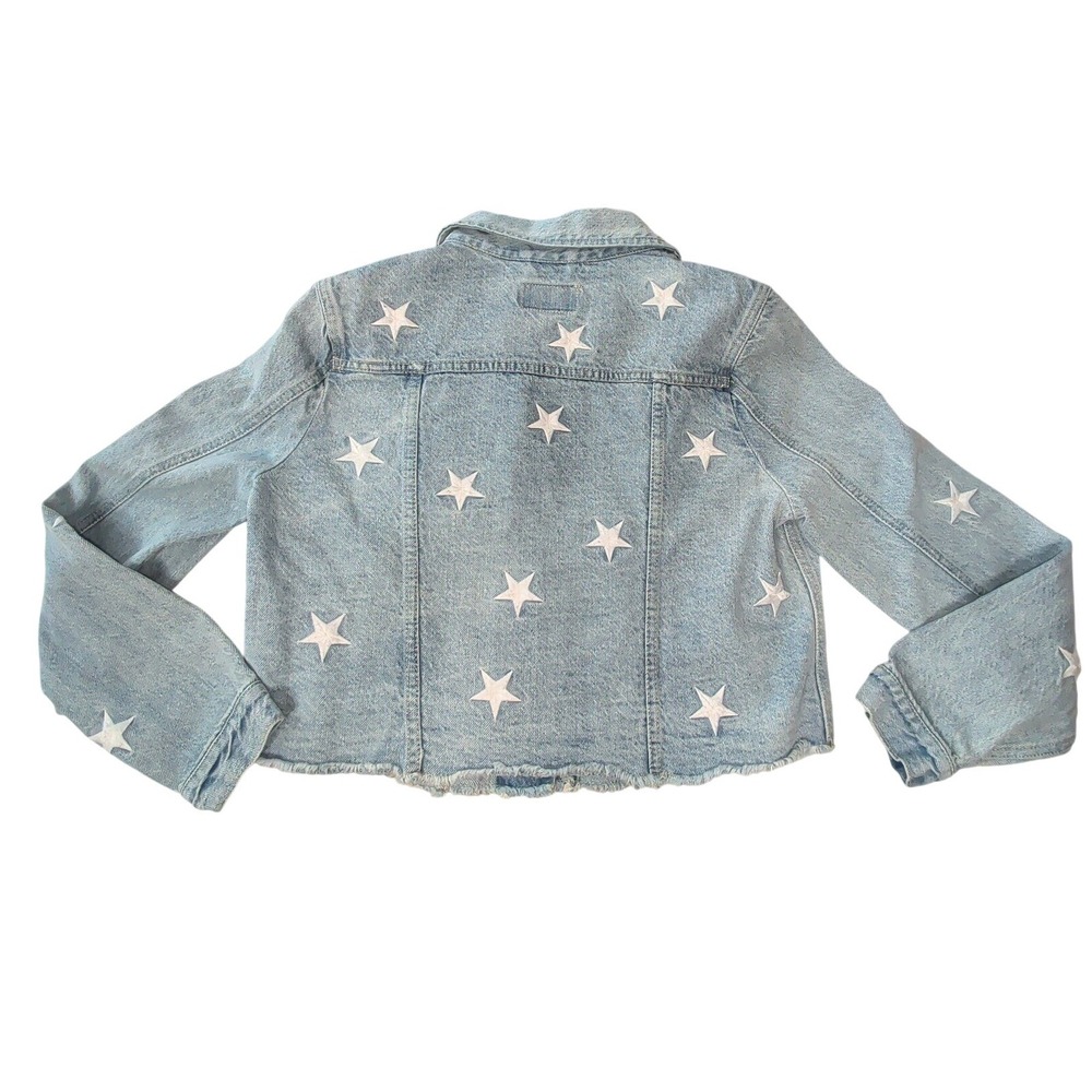 Zenana M Cropped Star Embroidered Denim Jacket Light Wash Raw Hem Western Y2K - Picture 3 of 14